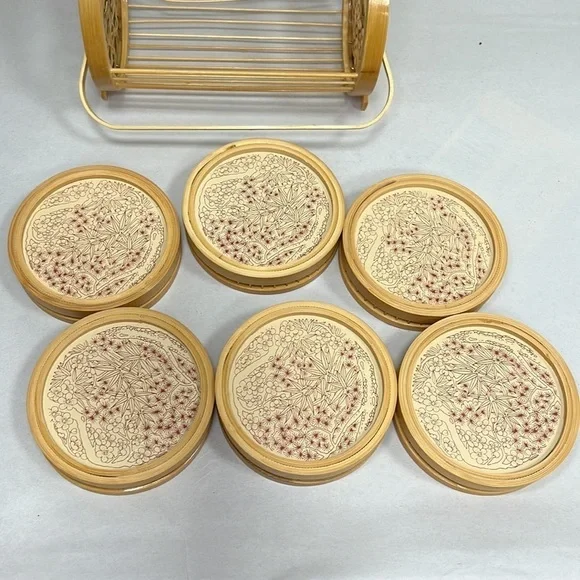 Vintage Bamboo Ratan 7-Piece Coaster Set in Stand Round Fruit‎ Decor Bohemian - Picture 11 of 11